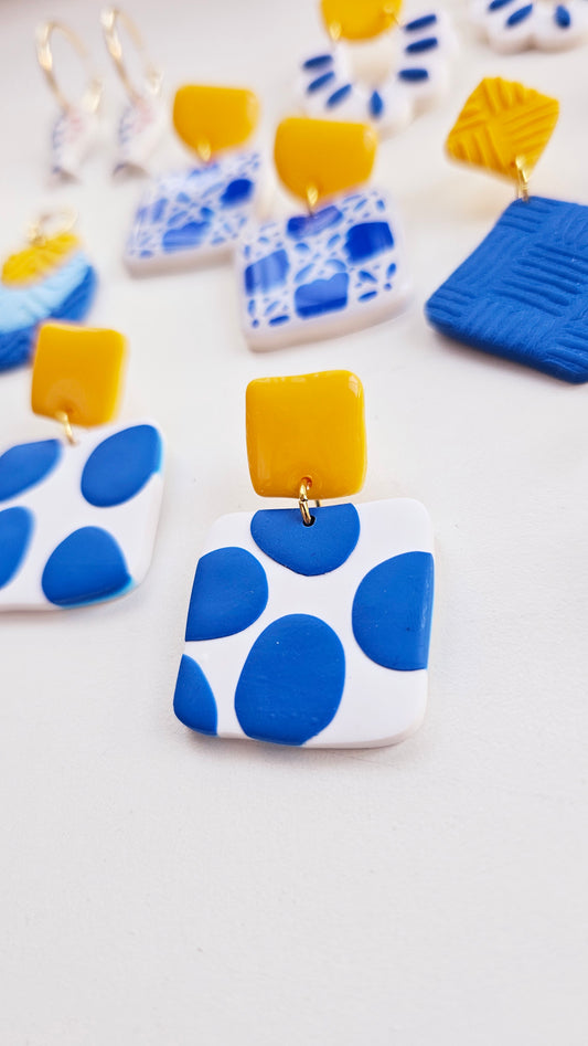 Bold Modern Polymer Clay Earrings – Blue Polka Dot Dangle with Glossy Yellow Studs – Quirky Statement Jewelry, Lightweight & Handmade