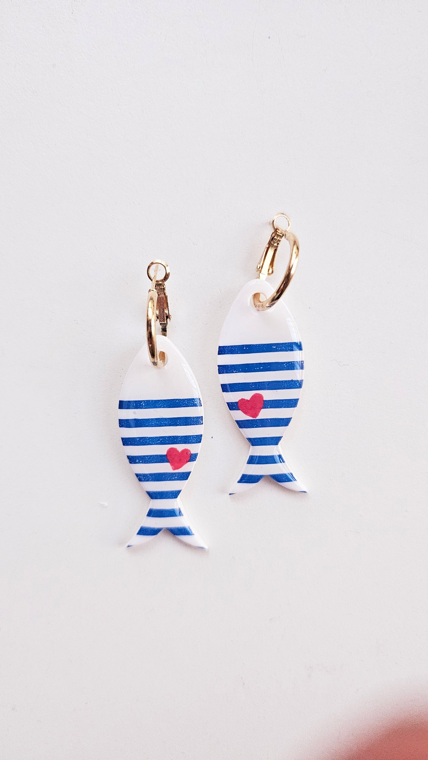 Striped Fish Earrings - Nautical Polymer Clay Dangles with Red Heart, Coastal Jewelry, Handmade Gift for Ocean Lovers