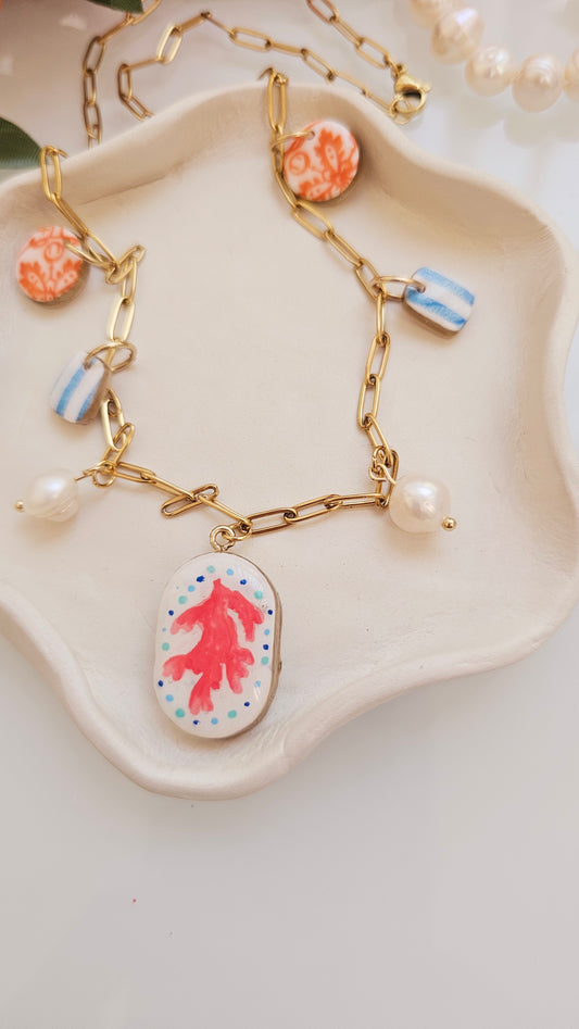 Coral Reef Charm Necklace – Polymer Clay Jewelry with Pearls – Coastal Pendant – Nautical Jewelry – Handmade Gift for Beach Lovers