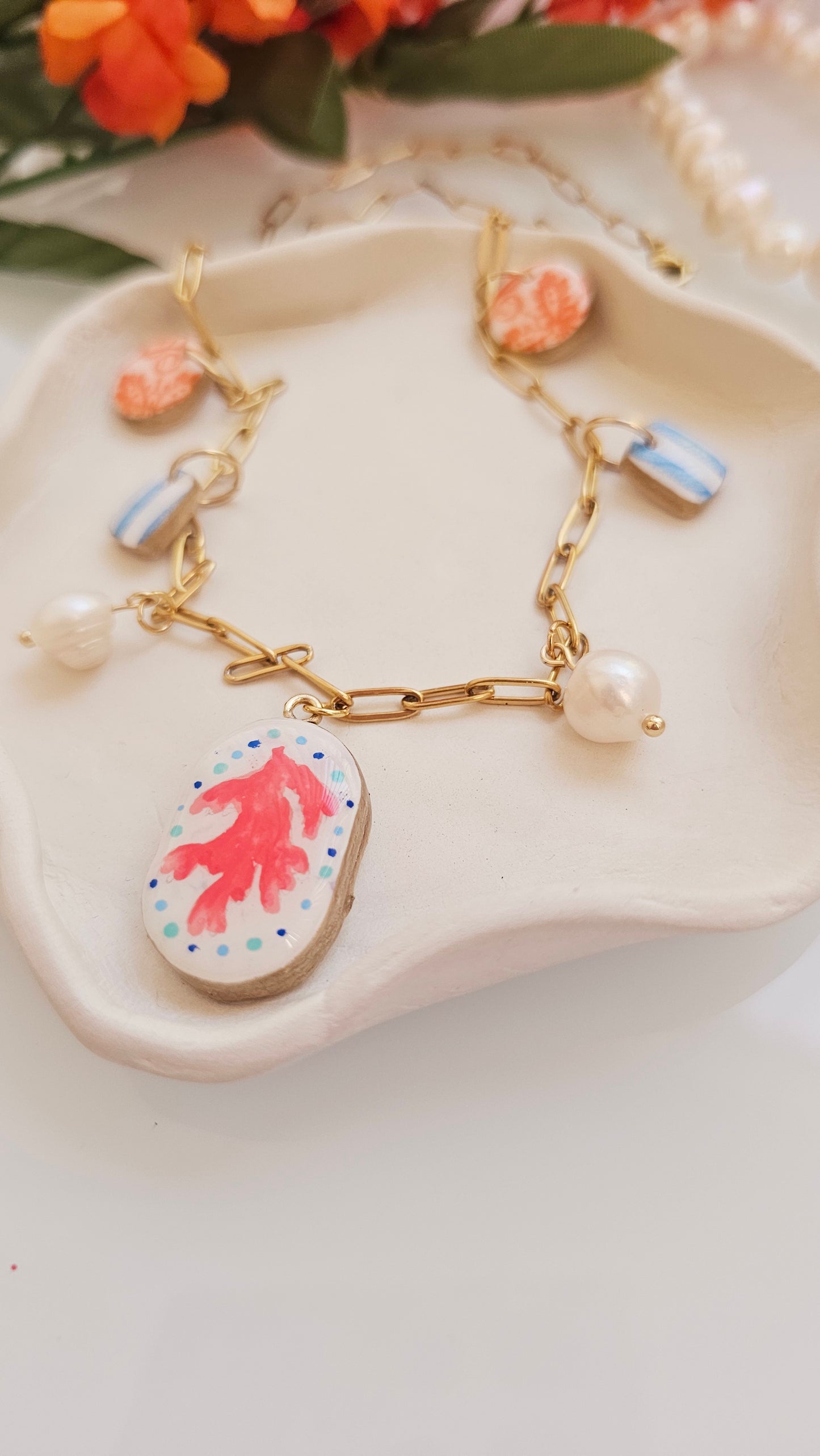Coral Reef Charm Necklace – Polymer Clay Jewelry with Pearls – Coastal Pendant – Nautical Jewelry – Handmade Gift for Beach Lovers
