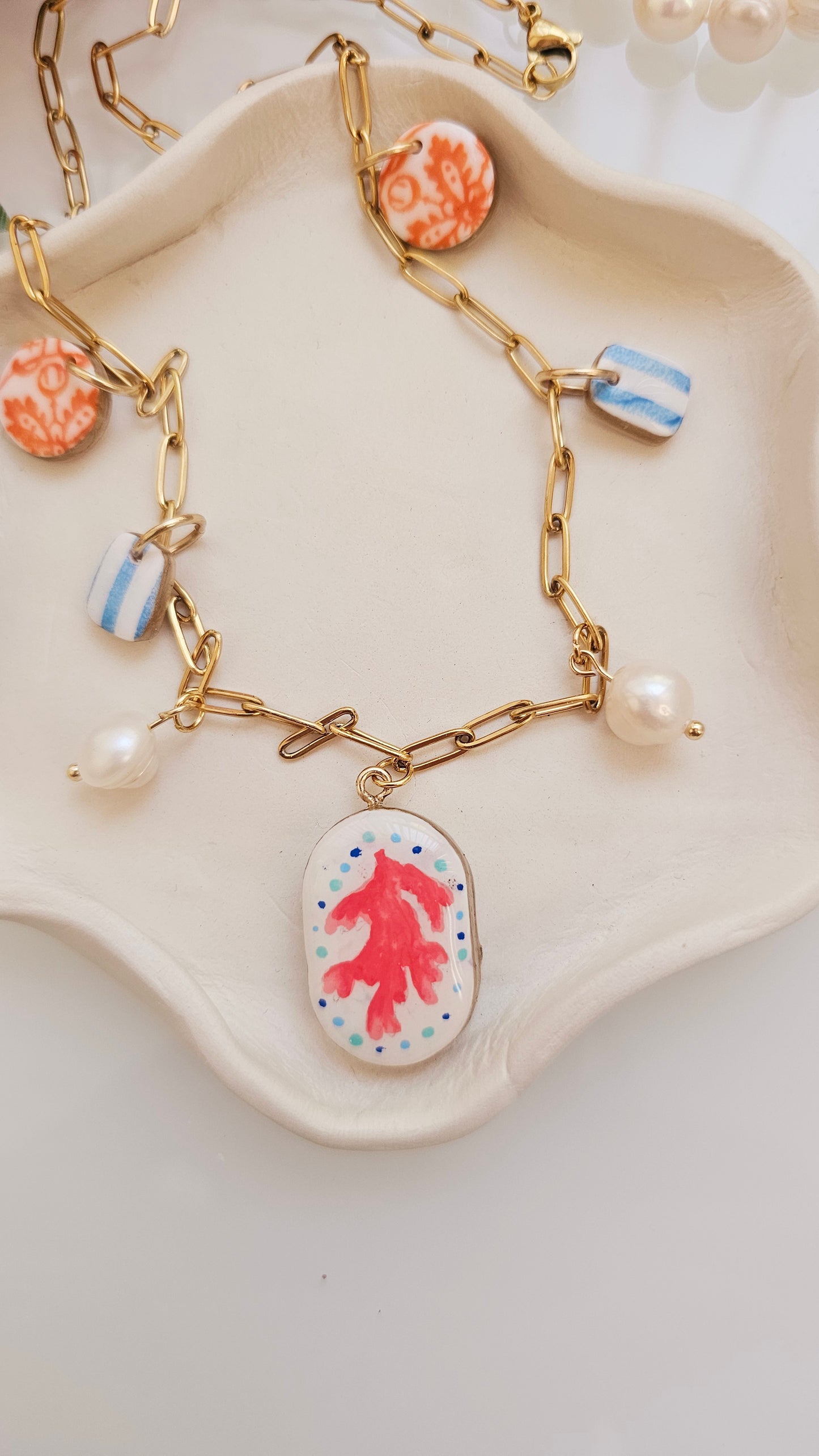 Coral Reef Charm Necklace – Polymer Clay Jewelry with Pearls – Coastal Pendant – Nautical Jewelry – Handmade Gift for Beach Lovers