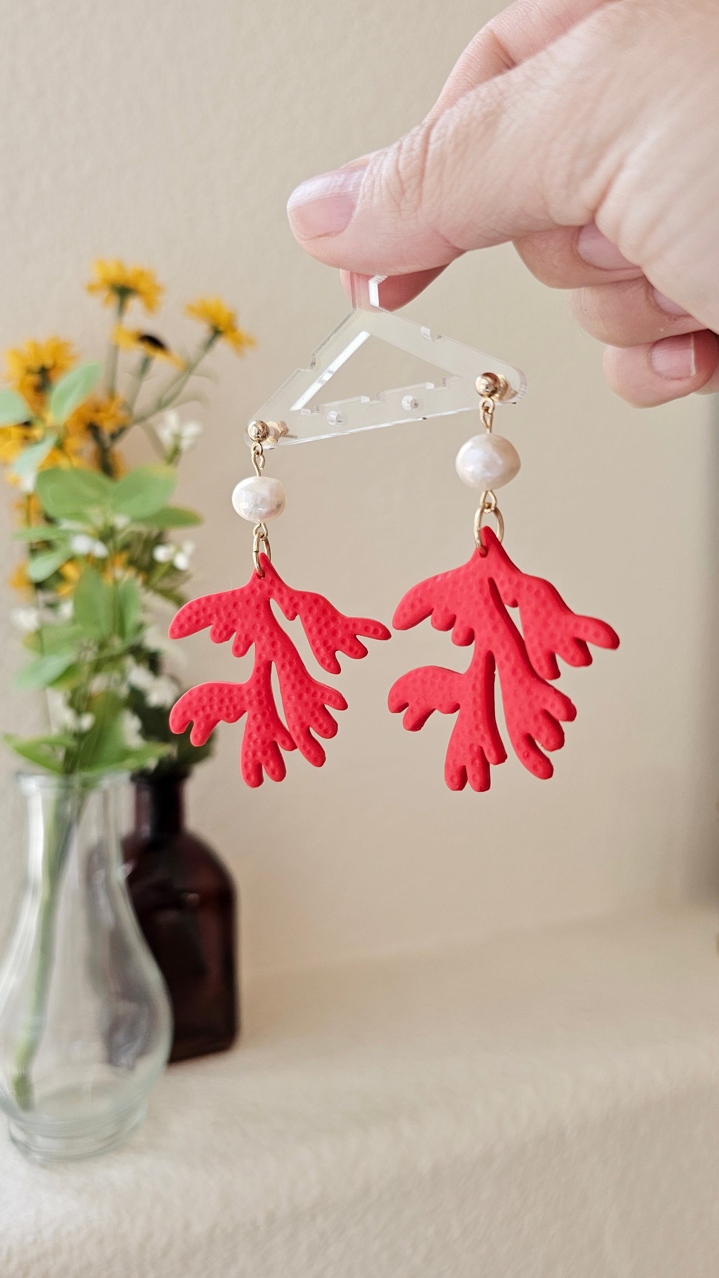 Coral Reef Polymer Clay Earrings – Statement Earrings with Freshwater Pearl, Ocean-Inspired Jewelry, Beach Wedding Earrings, Handmade Gift