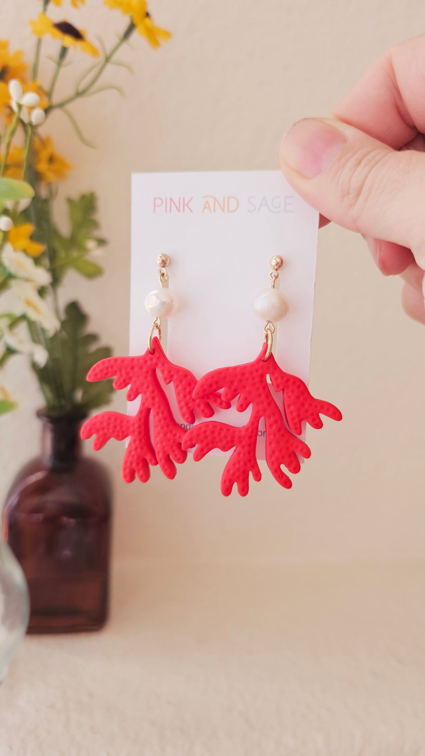 Coral Reef Polymer Clay Earrings – Statement Earrings with Freshwater Pearl, Ocean-Inspired Jewelry, Beach Wedding Earrings, Handmade Gift