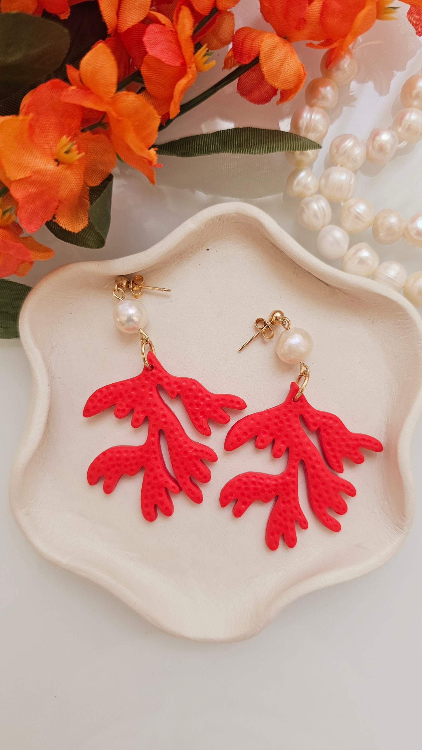 Coral Reef Polymer Clay Earrings – Statement Earrings with Freshwater Pearl, Ocean-Inspired Jewelry, Beach Wedding Earrings, Handmade Gift