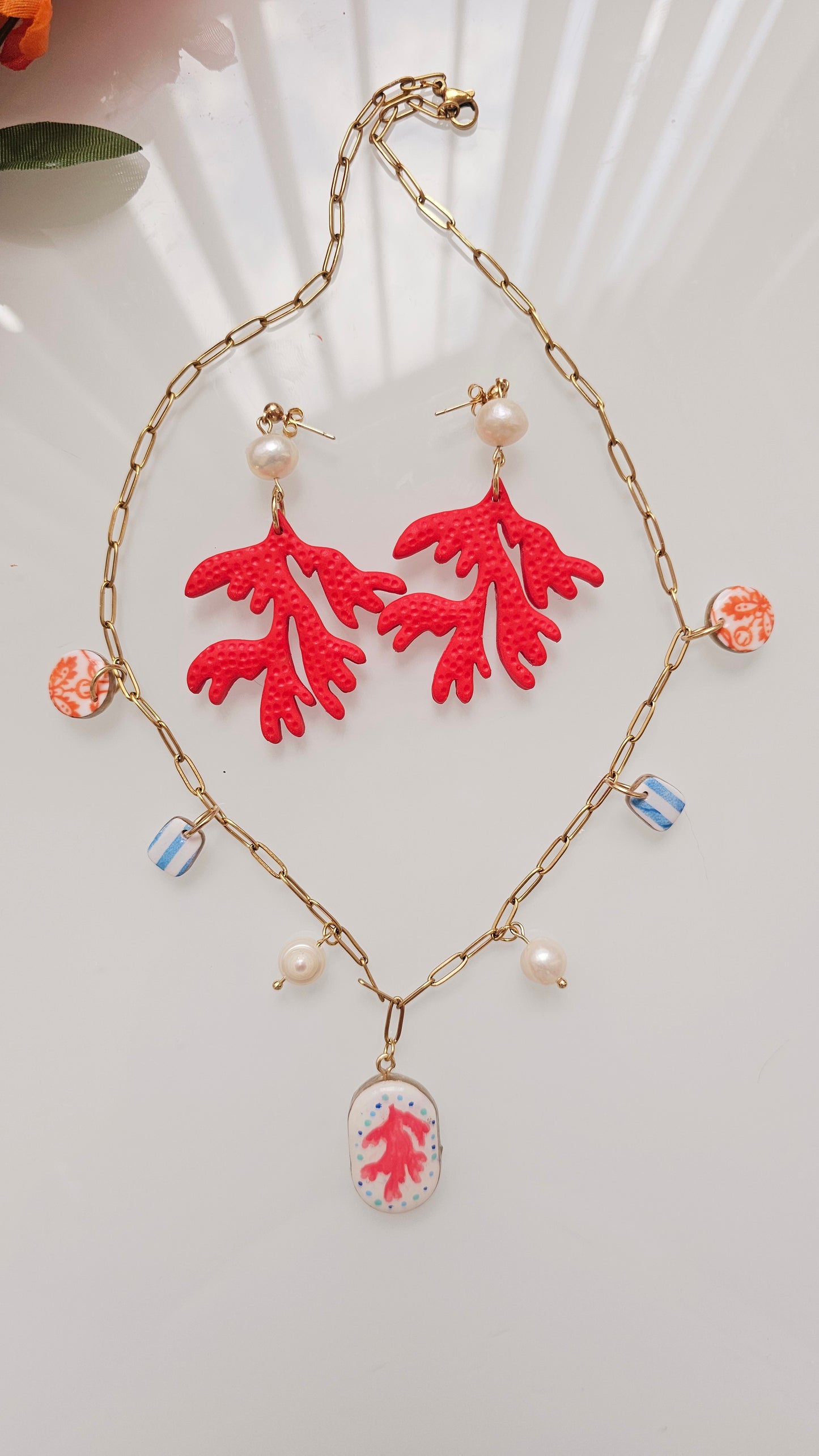 Coral Reef Polymer Clay Earrings – Statement Earrings with Freshwater Pearl, Ocean-Inspired Jewelry, Beach Wedding Earrings, Handmade Gift