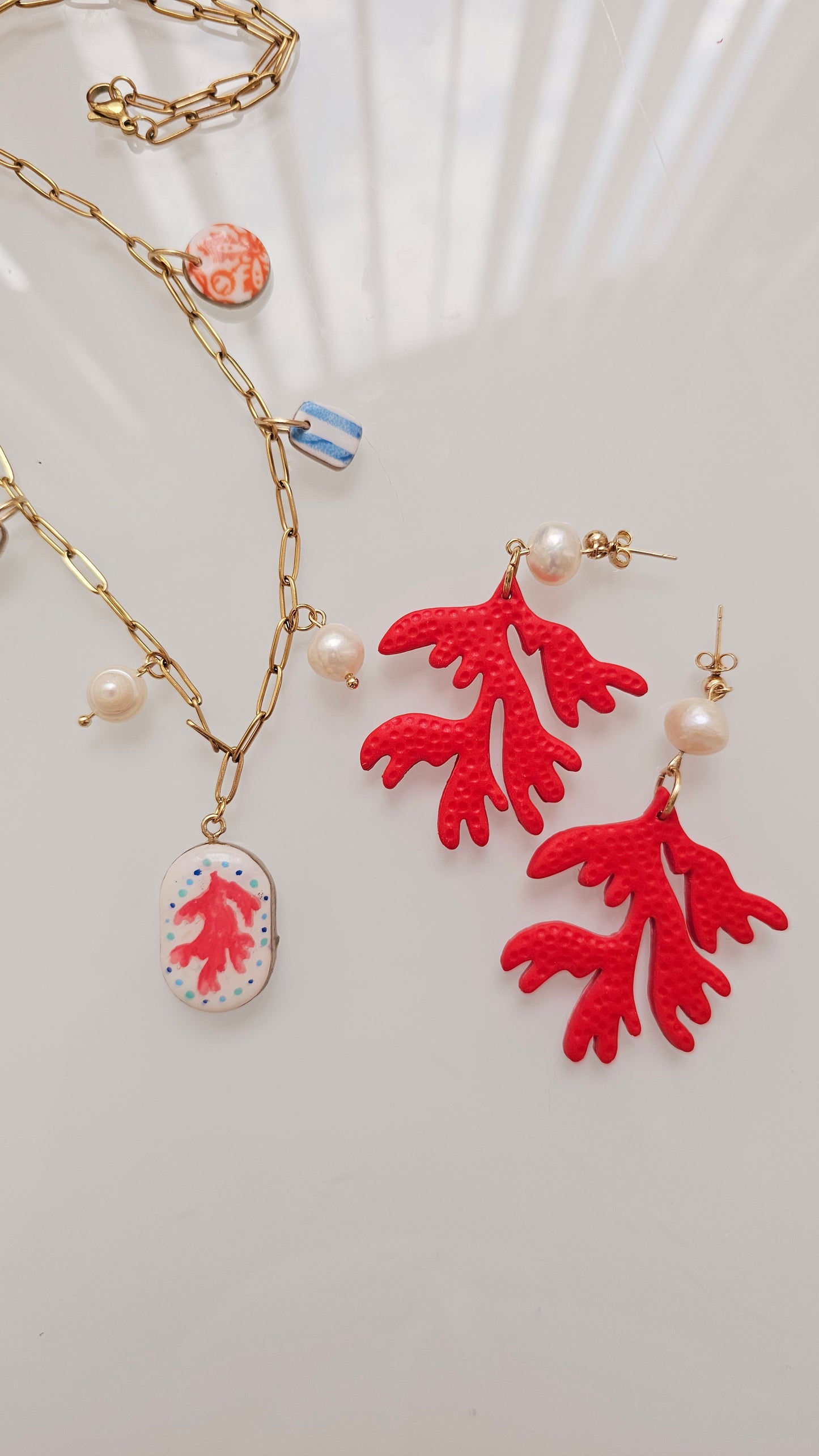 Coral Reef Polymer Clay Earrings – Statement Earrings with Freshwater Pearl, Ocean-Inspired Jewelry, Beach Wedding Earrings, Handmade Gift