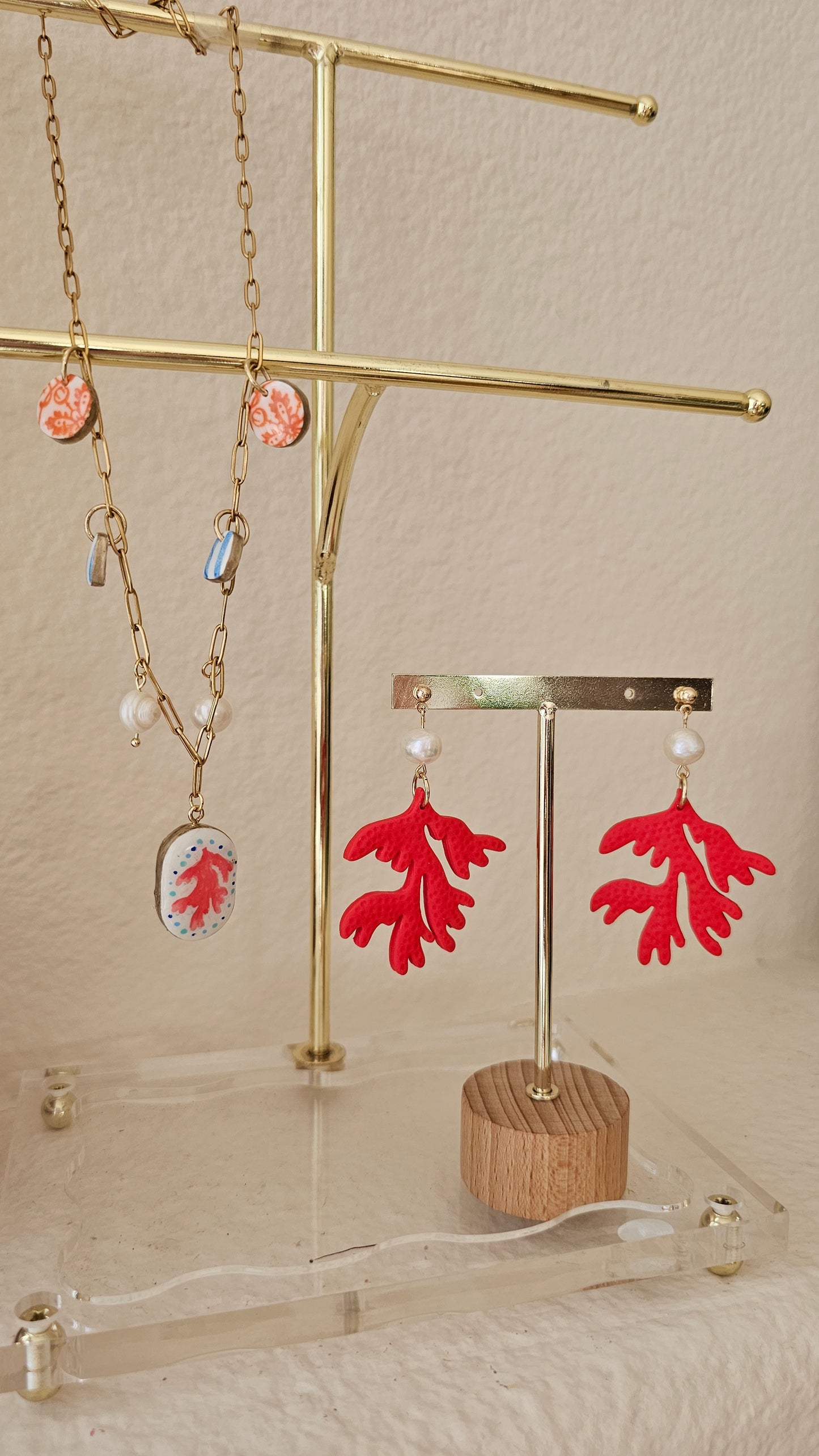 Coral Reef Polymer Clay Earrings – Statement Earrings with Freshwater Pearl, Ocean-Inspired Jewelry, Beach Wedding Earrings, Handmade Gift