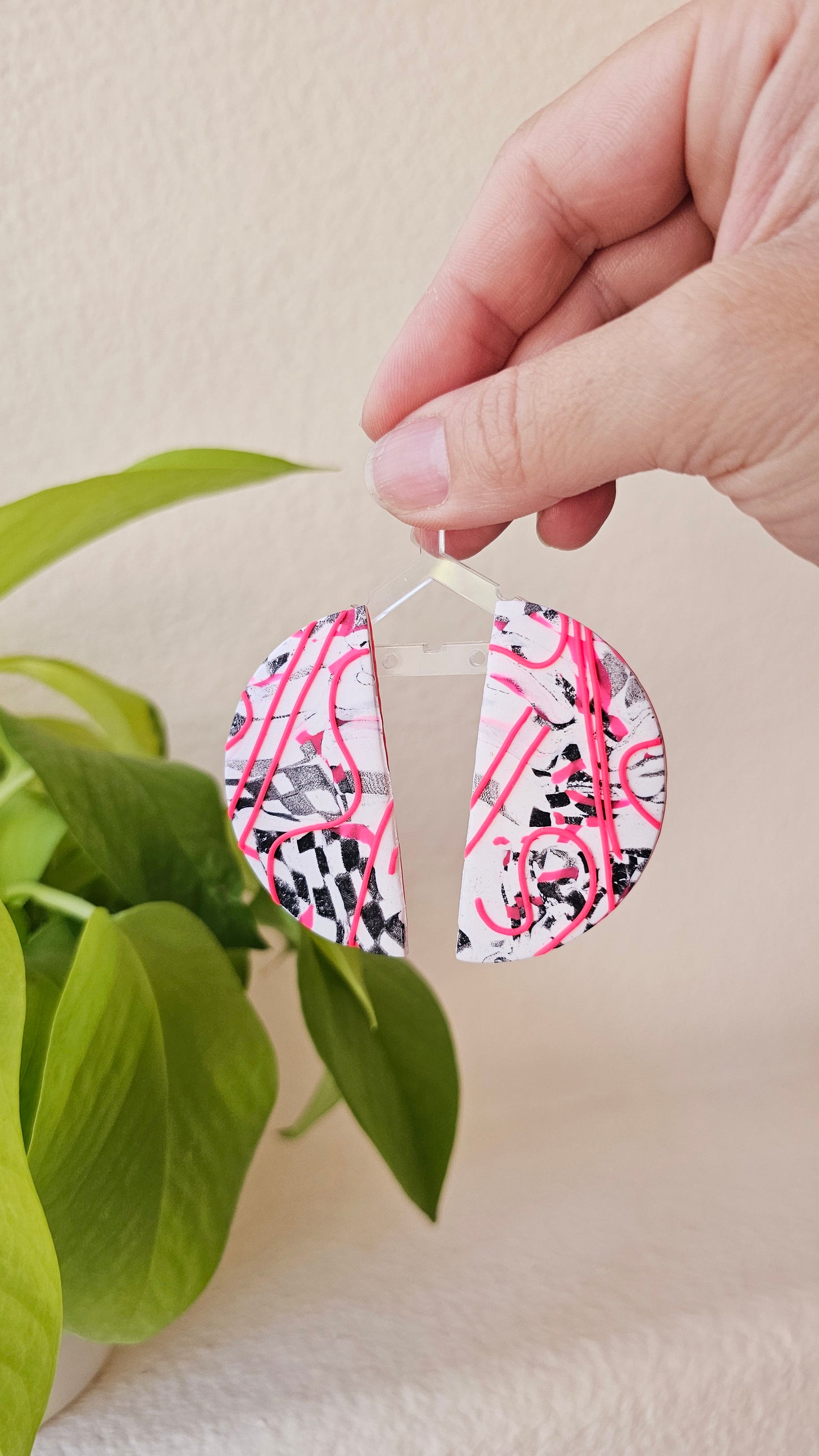 Oversized Neon Pink Abstract Art Polymer Clay Statement Earrings