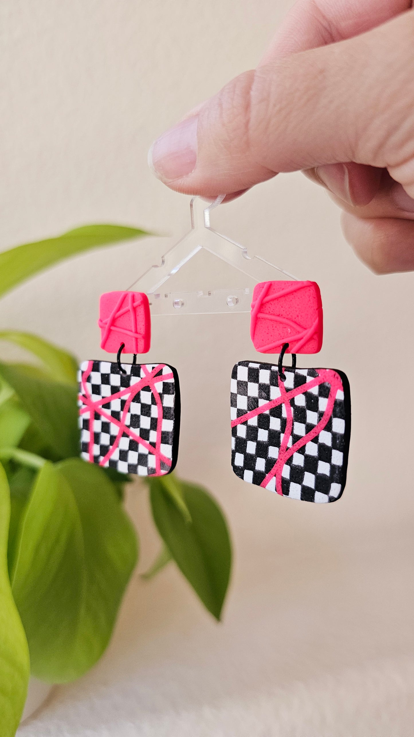 Checkered Statement Earrings - Handmade Polymer Clay Dangle Earrings