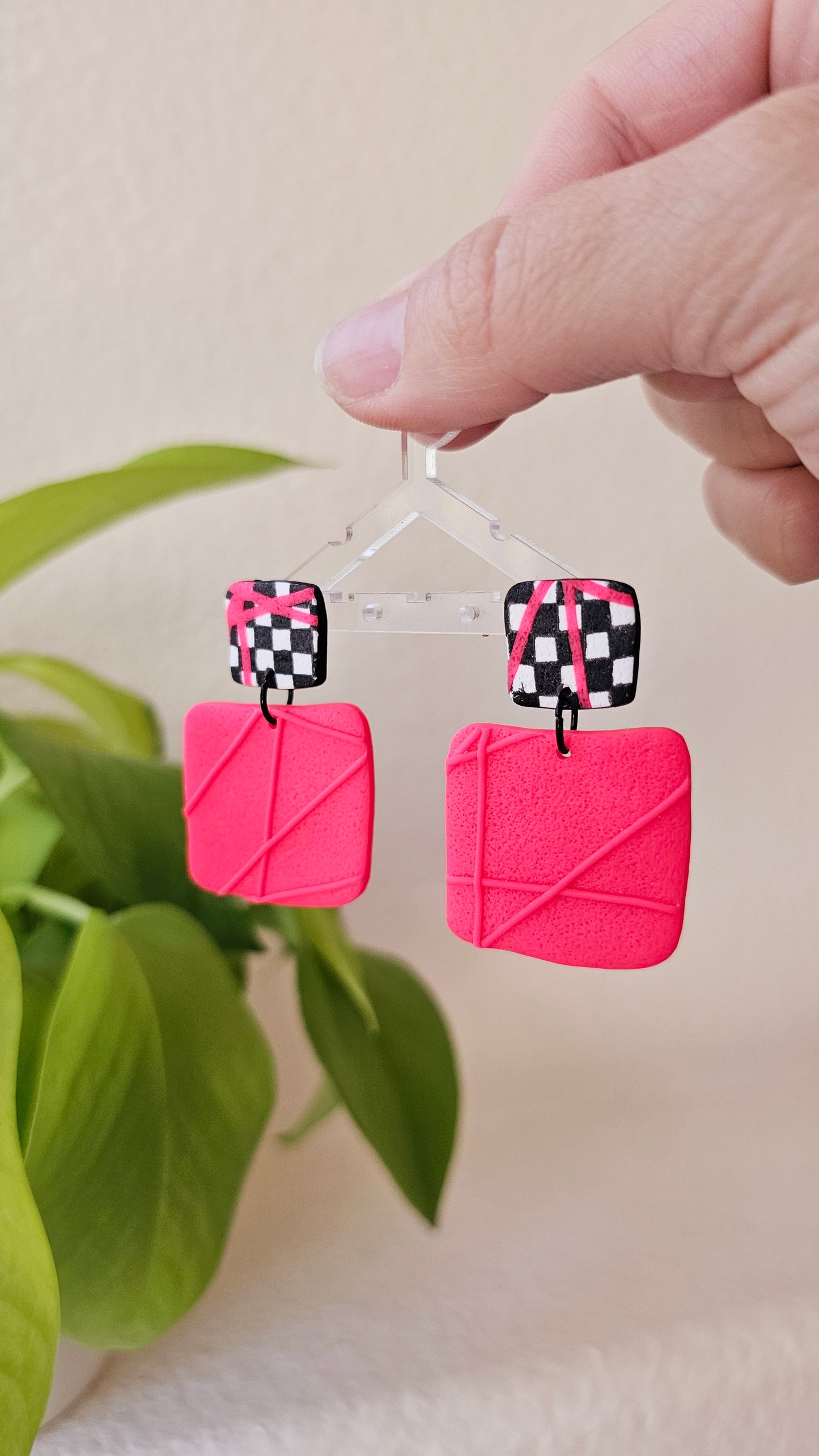 Checkered Statement Earrings - Handmade Polymer Clay Dangle Earrings