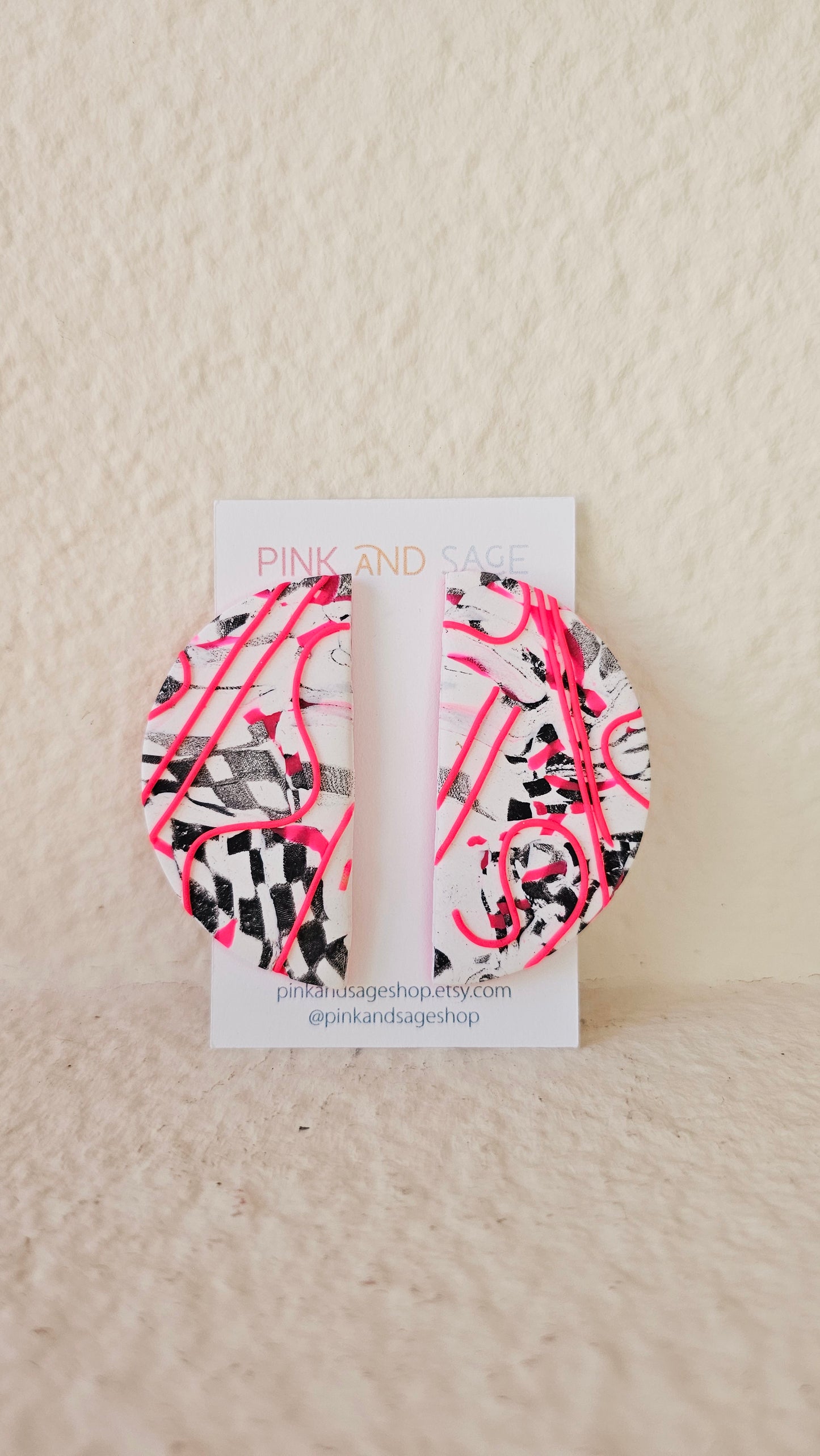 Oversized Neon Pink Abstract Art Polymer Clay Statement Earrings