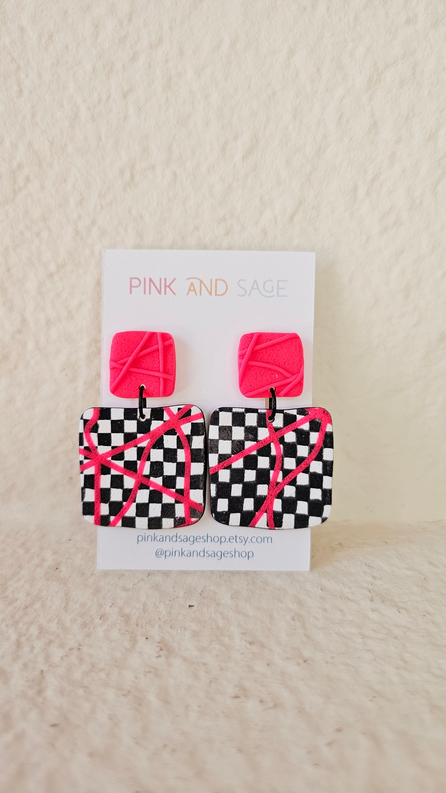 Checkered Statement Earrings - Handmade Polymer Clay Dangle Earrings