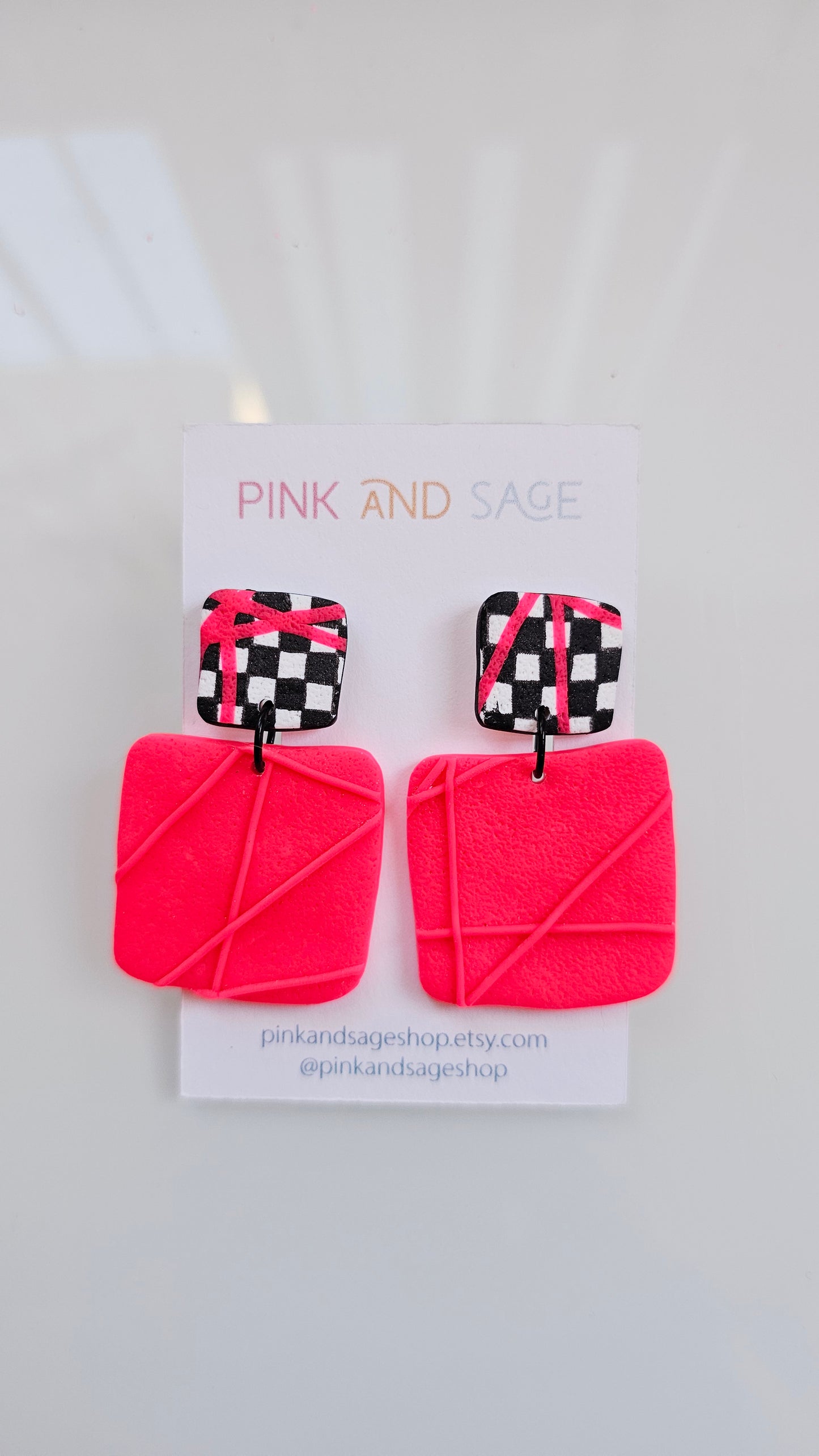 Checkered Statement Earrings - Handmade Polymer Clay Dangle Earrings