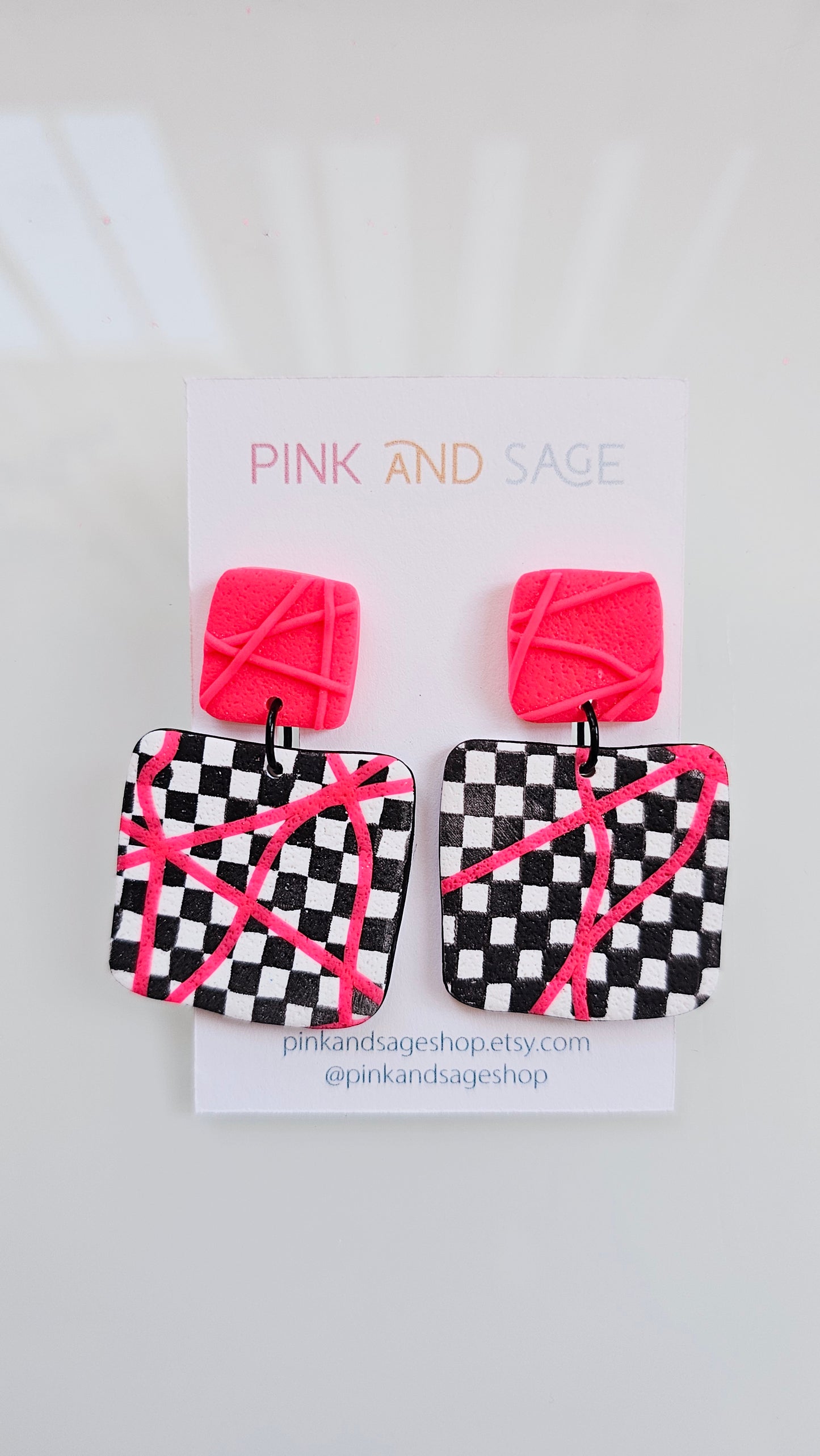Checkered Statement Earrings - Handmade Polymer Clay Dangle Earrings