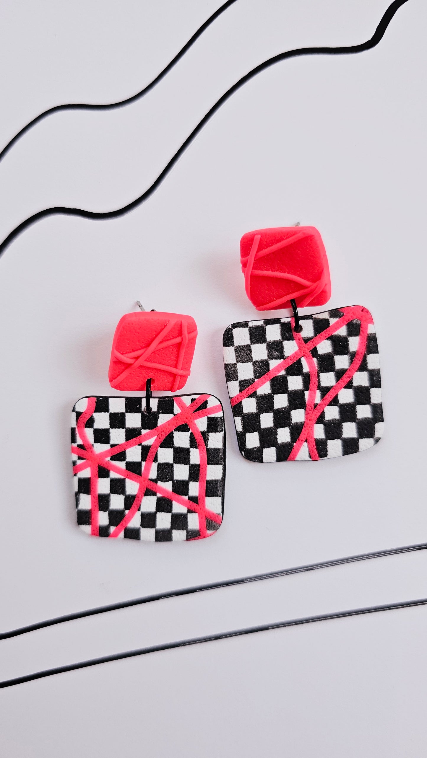 Checkered Statement Earrings - Handmade Polymer Clay Dangle Earrings