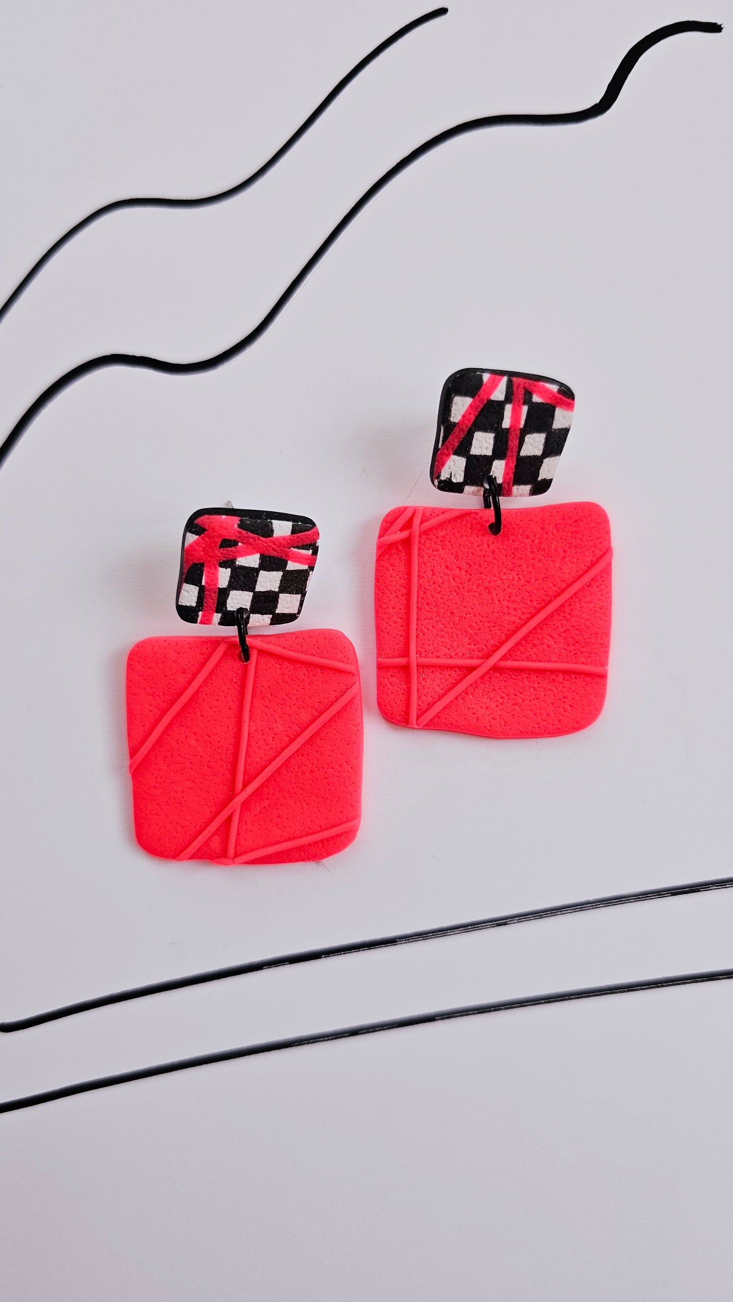 Checkered Statement Earrings - Handmade Polymer Clay Dangle Earrings