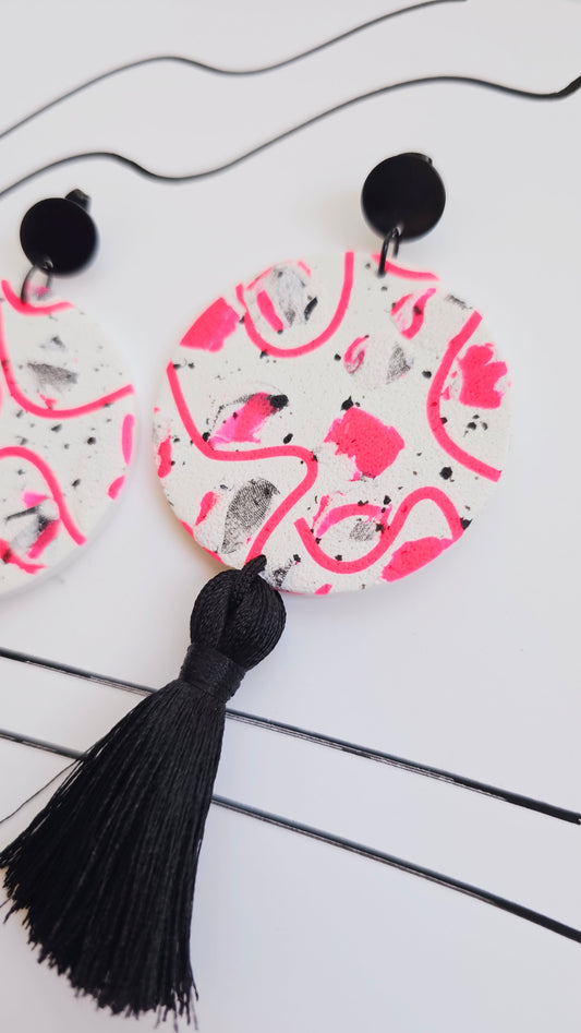 Neon Pink Abstract Art Polymer Clay Statement Earrings with Tassels