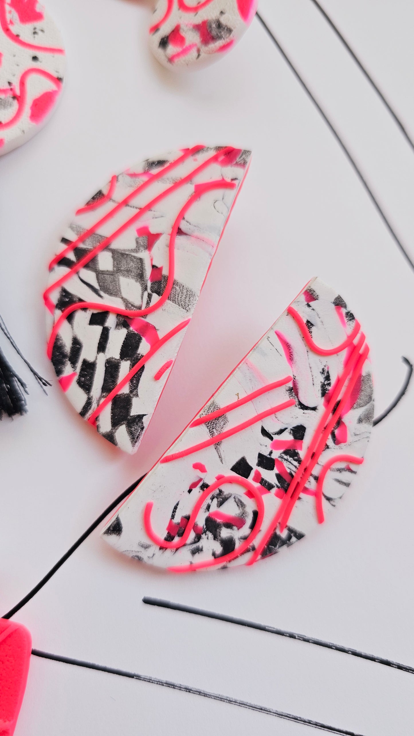 Oversized Neon Pink Abstract Art Polymer Clay Statement Earrings