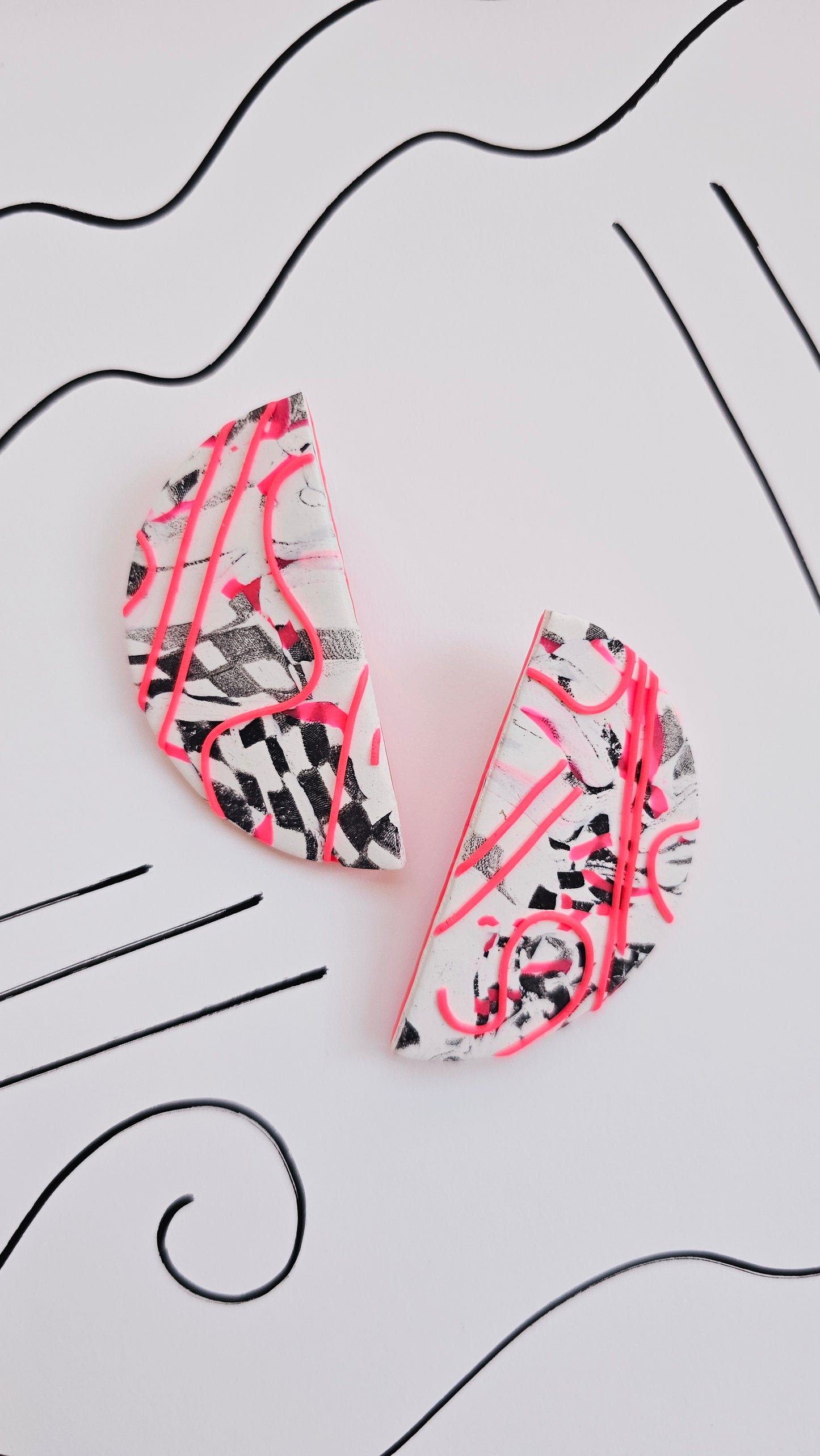Oversized Neon Pink Abstract Art Polymer Clay Statement Earrings