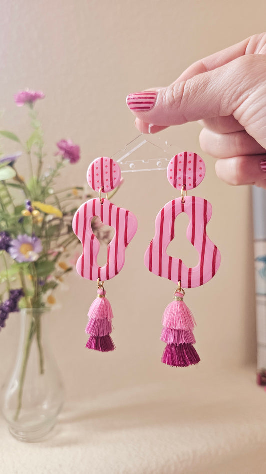 Pink & Red Striped Statement Earrings with Tiered Tassels