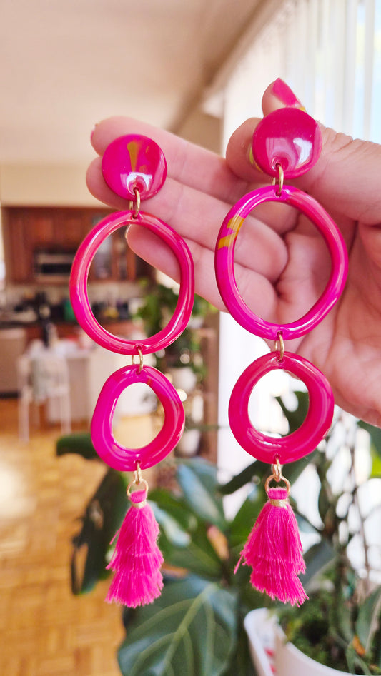Pink Tiered Tassel Statement Earrings - Handmade Polymer Clay Dangle Earrings