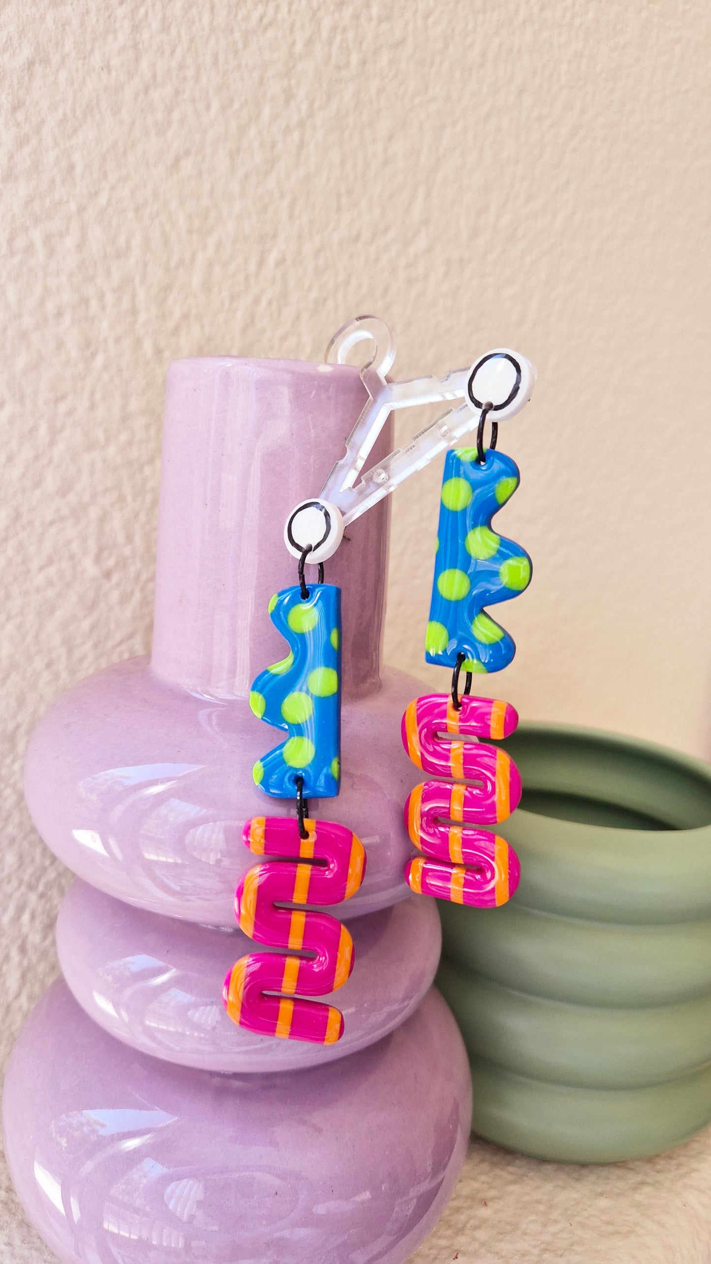 Funky Contrast Statement Earrings - Blue & Pink Geometric Dangles