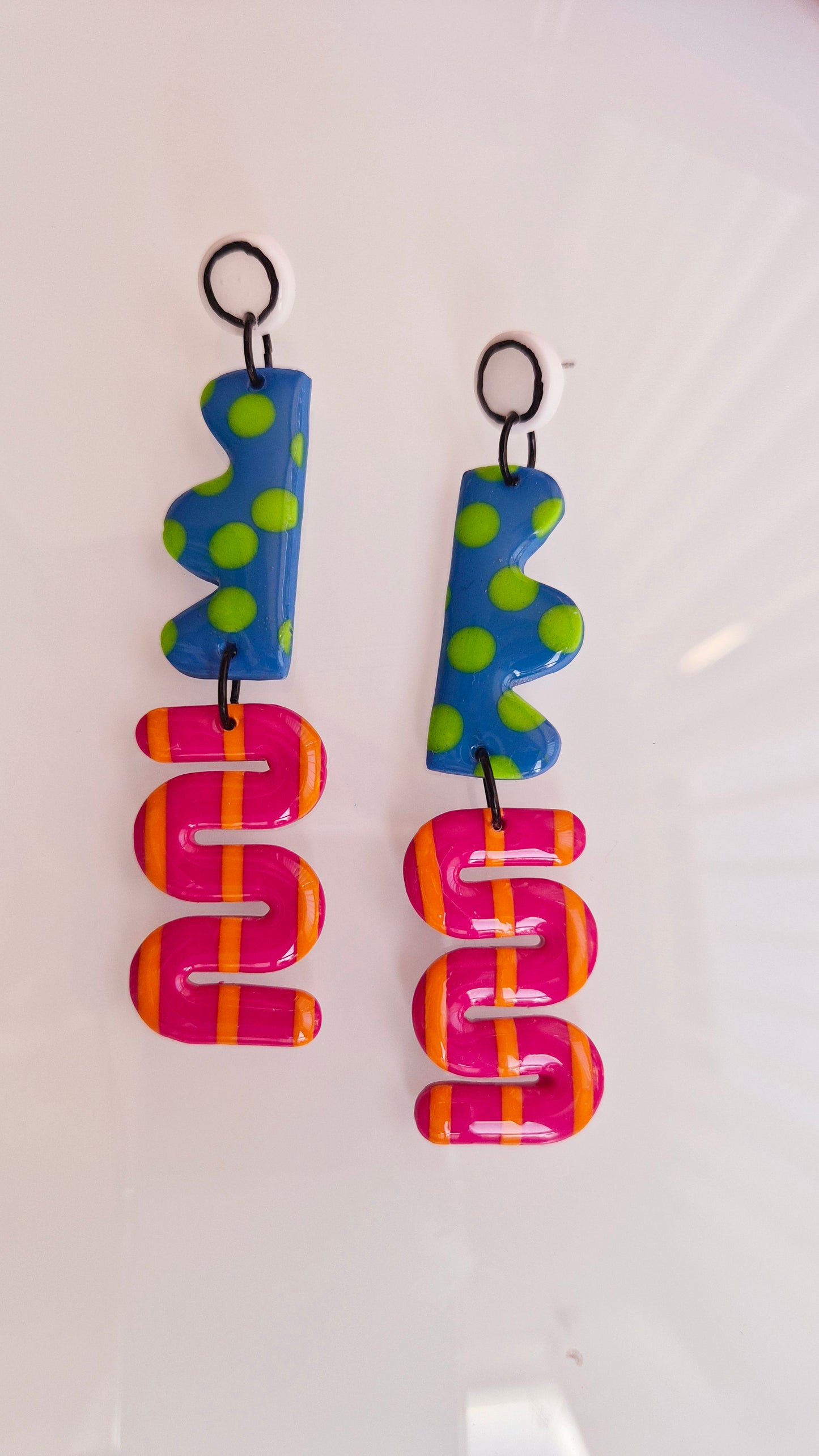 Funky Contrast Statement Earrings - Blue & Pink Geometric Dangles