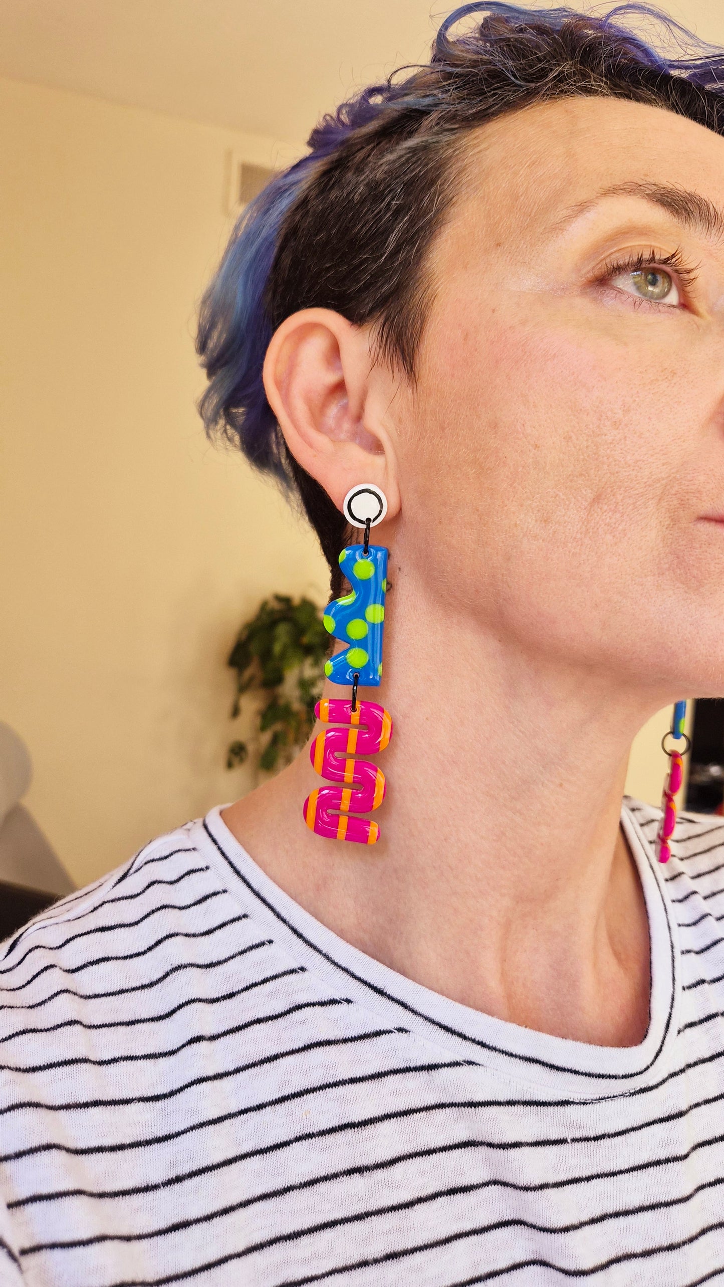 Funky Contrast Statement Earrings - Blue & Pink Geometric Dangles