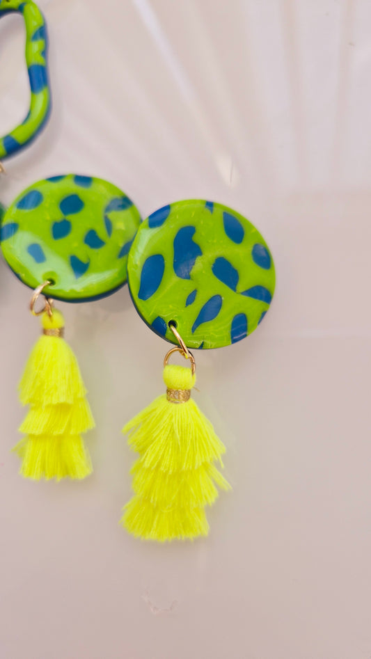 Neon Jungle Statement Earrings – Green & Blue with Yellow Tassels