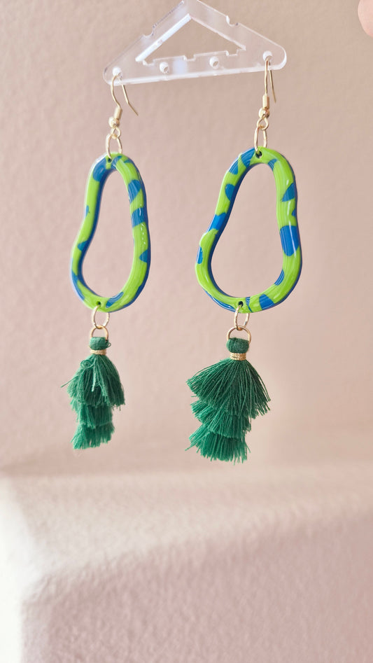 Neon Jungle Drop Earrings – Green & Blue with Emerald Tassels