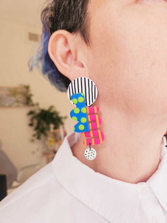 Oversized Geometric Statement Clip-Ons - Bold Blue & Pink Abstract Earrings