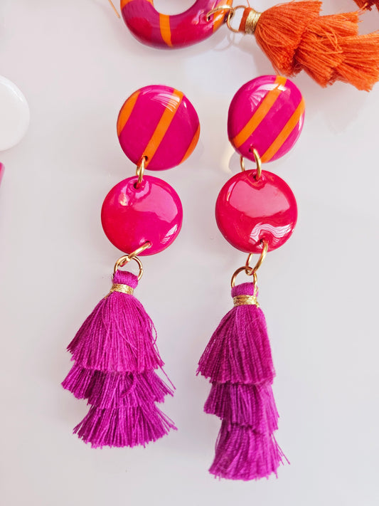 Vibrant Pink Tiered Tassel Earrings - Playful Polymer Clay Statement Dangles