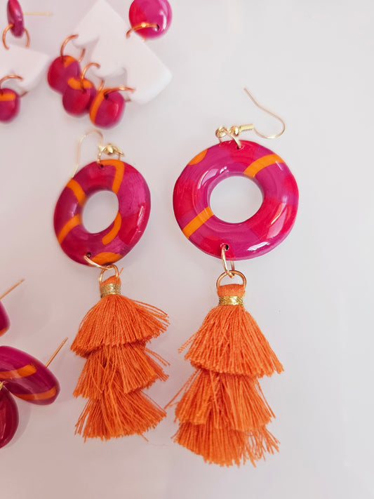 Orange Pink Tassel Earrings - Geometric Polymer Clay Statement Dangles