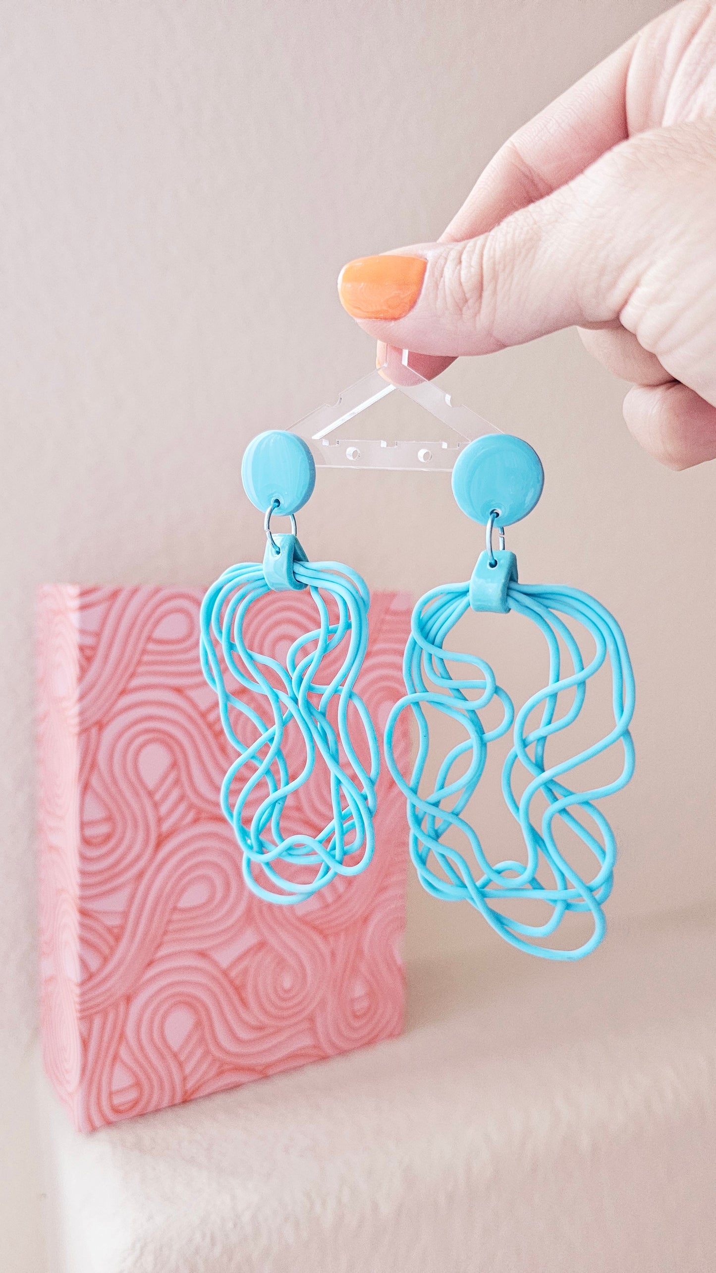Turquoise & Orange Flowing Effect Earrings - Abstract Polymer Clay Statement Dangles