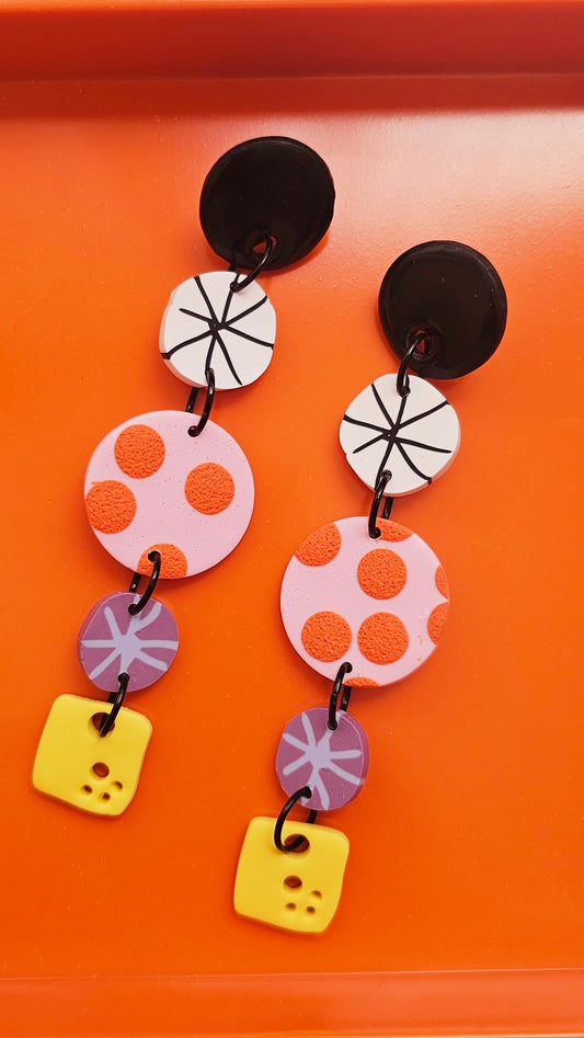 Retro Mod Long Polymer Clay Statement Earrings