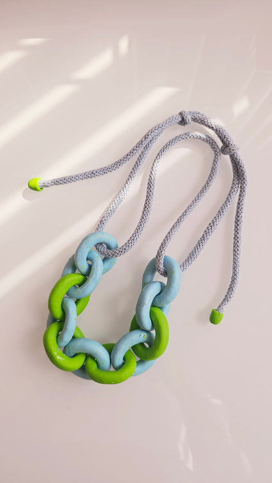 Lime & Sky Chunky Polymer Clay Chain Necklace with Cotton Cord