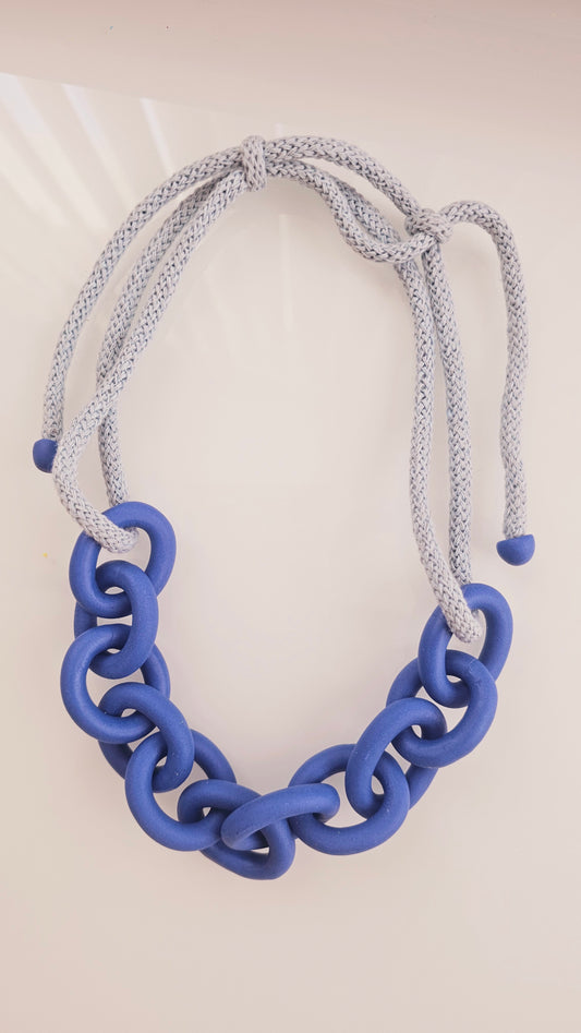 Royal Blue Chunky Polymer Clay Chain Necklace with Cotton Cord