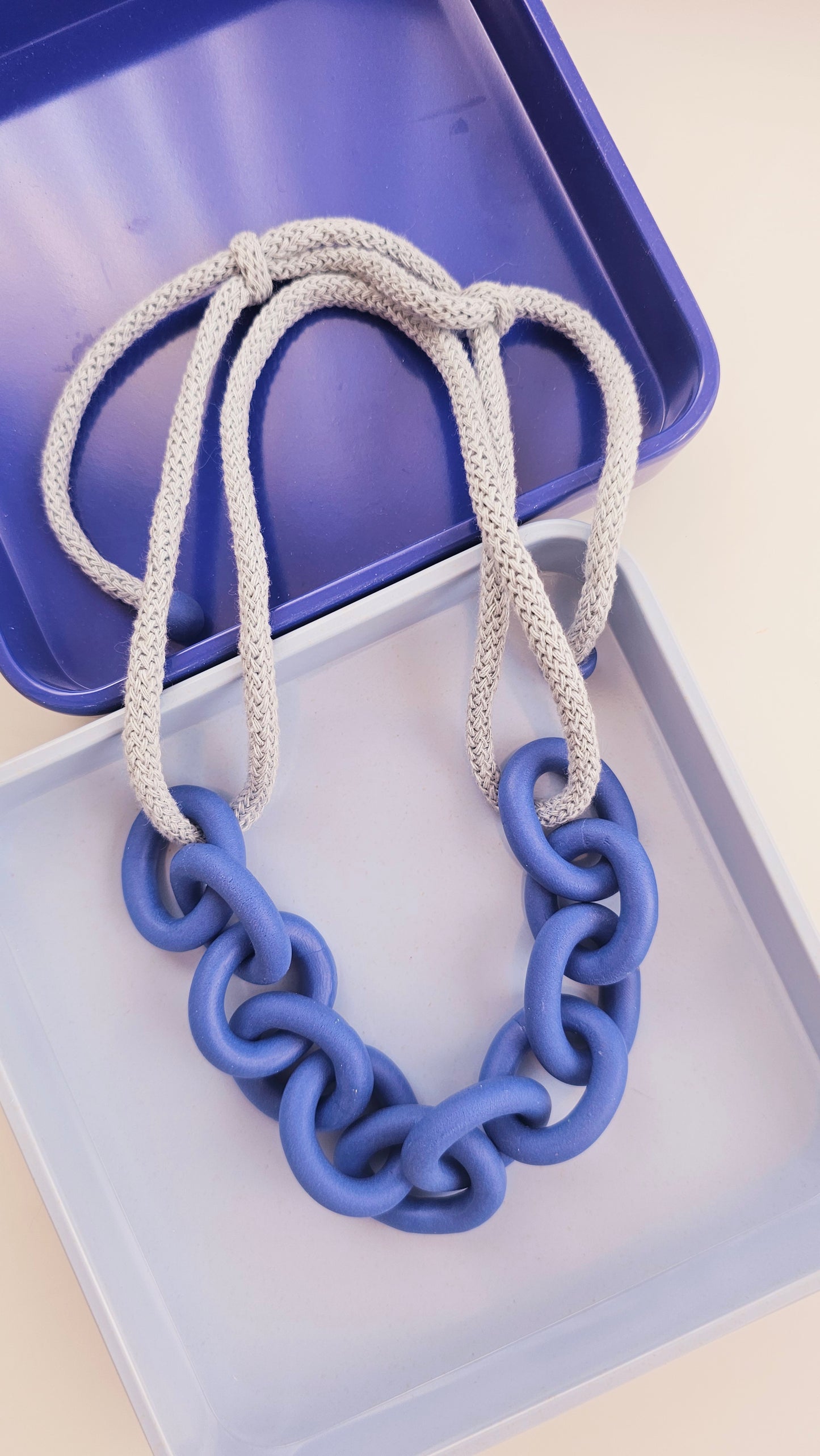 Royal Blue Chunky Polymer Clay Chain Necklace with Cotton Cord