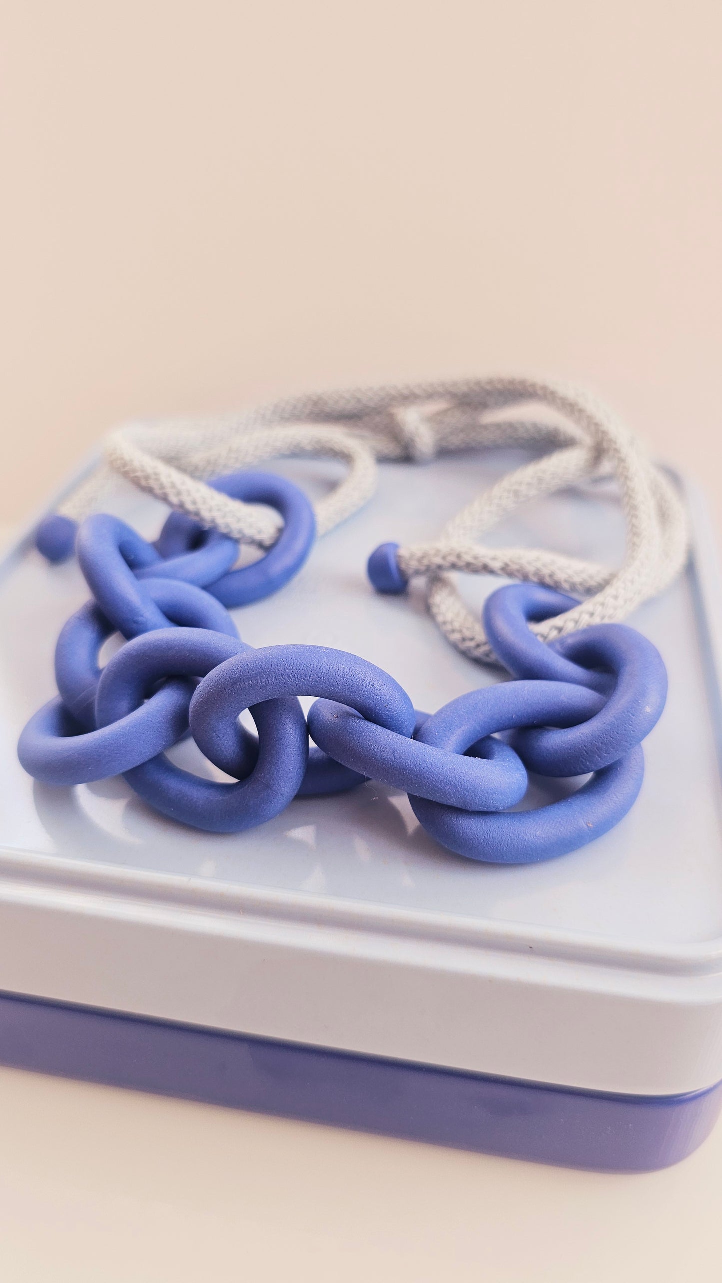 Royal Blue Chunky Polymer Clay Chain Necklace with Cotton Cord