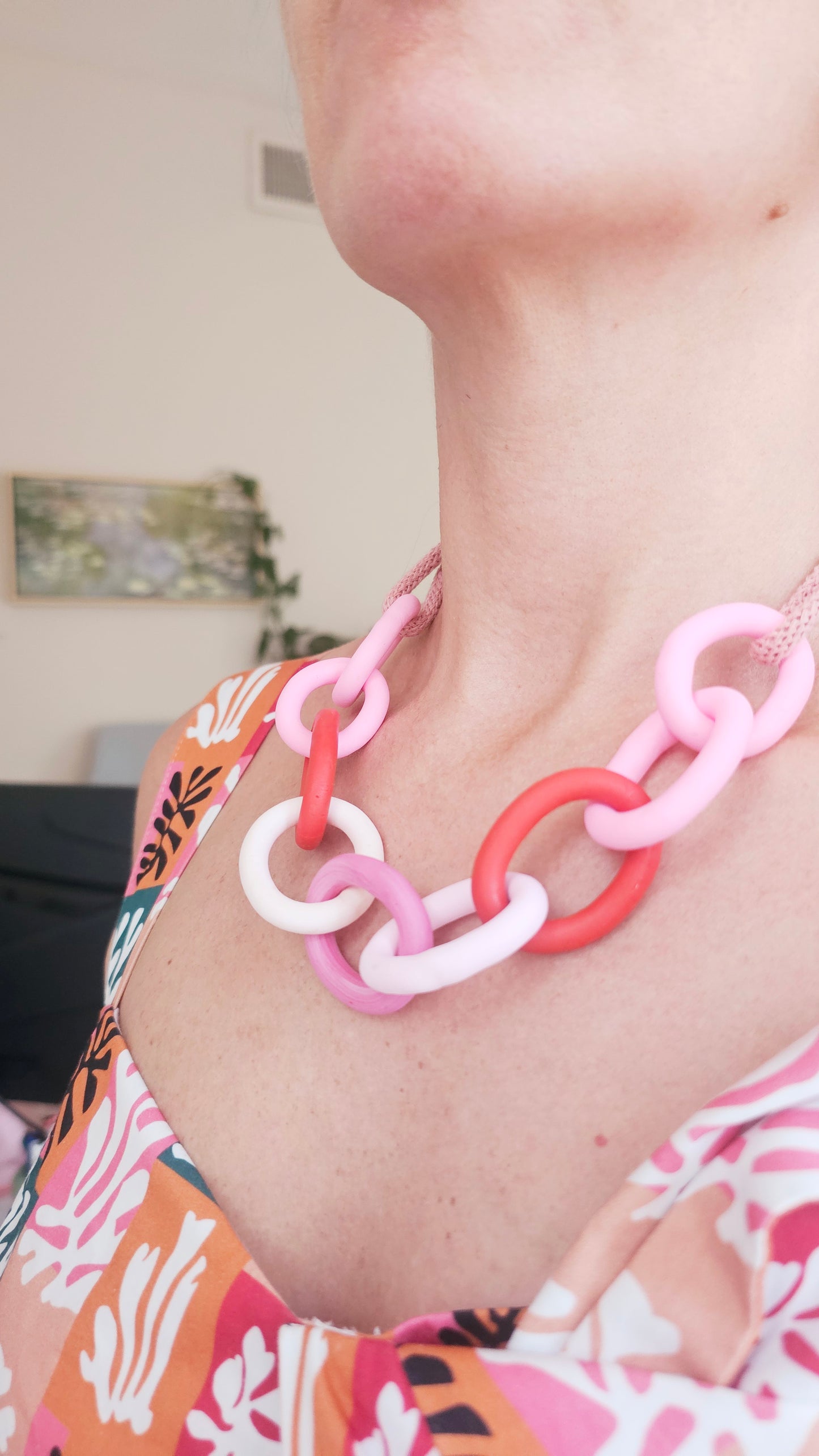 Pink and Red Chunky Polymer Clay Chain Necklace with Cotton Cord