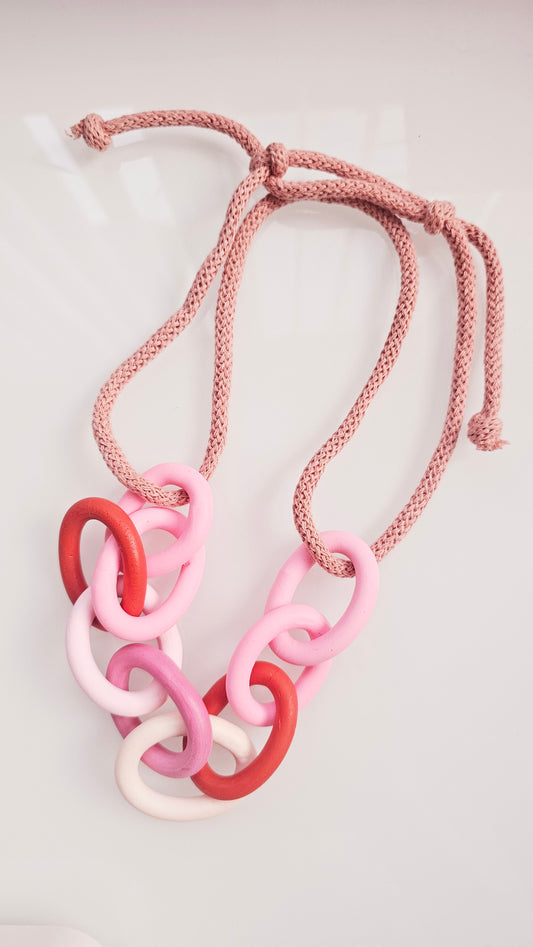 Pink and Red Chunky Polymer Clay Chain Necklace with Cotton Cord