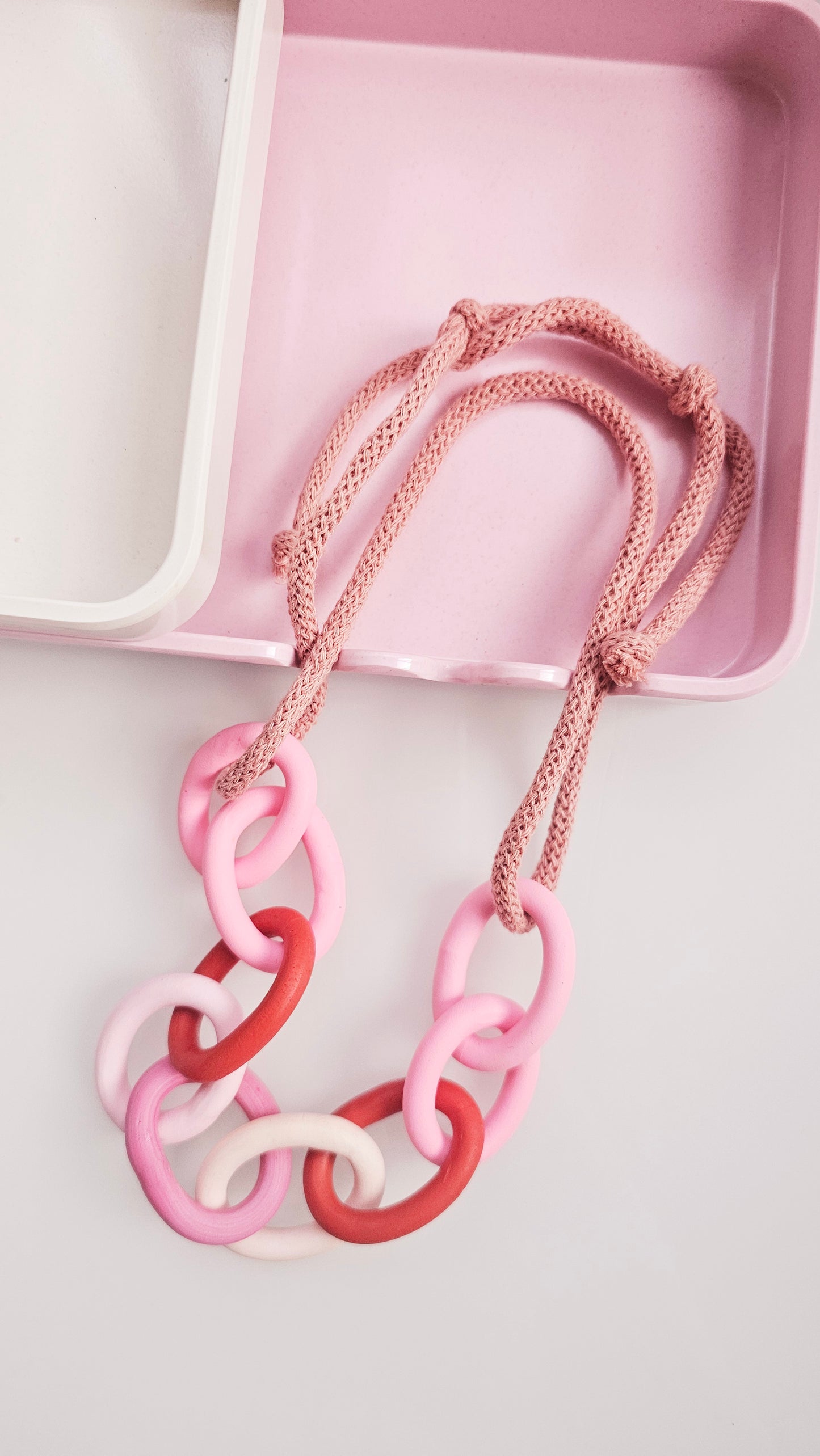 Pink and Red Chunky Polymer Clay Chain Necklace with Cotton Cord