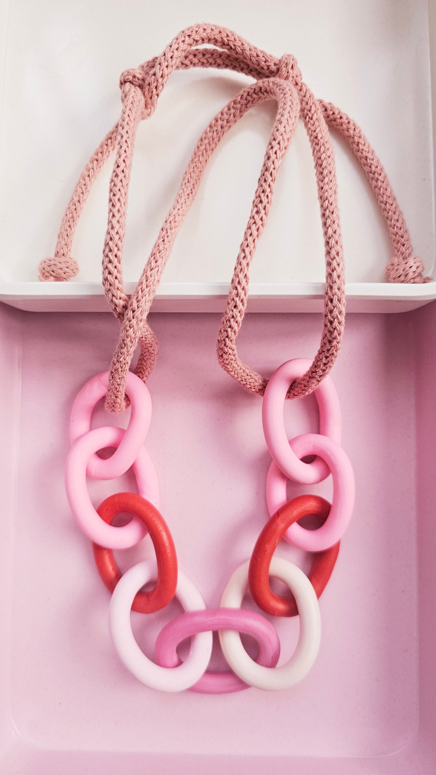 Pink and Red Chunky Polymer Clay Chain Necklace with Cotton Cord
