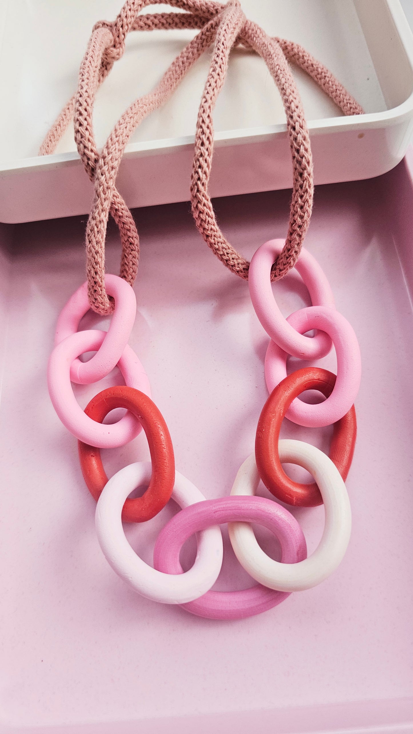 Pink and Red Chunky Polymer Clay Chain Necklace with Cotton Cord