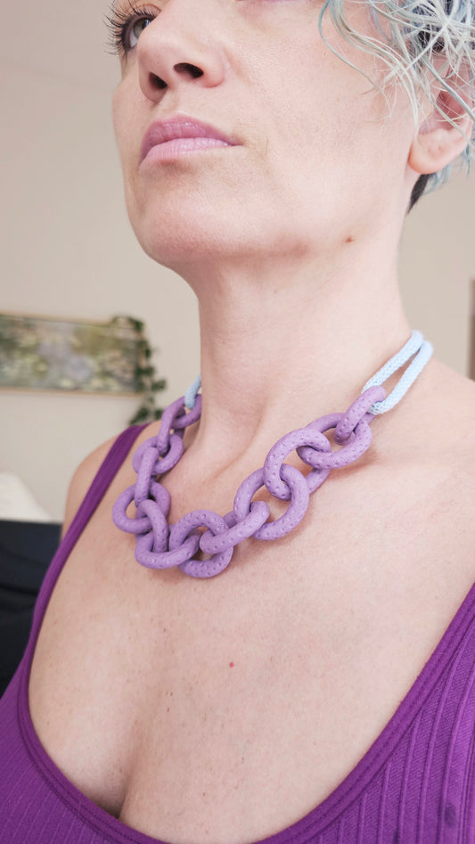 Dusty Lavender Chunky Polymer Clay Chain Necklace with Cotton Cord