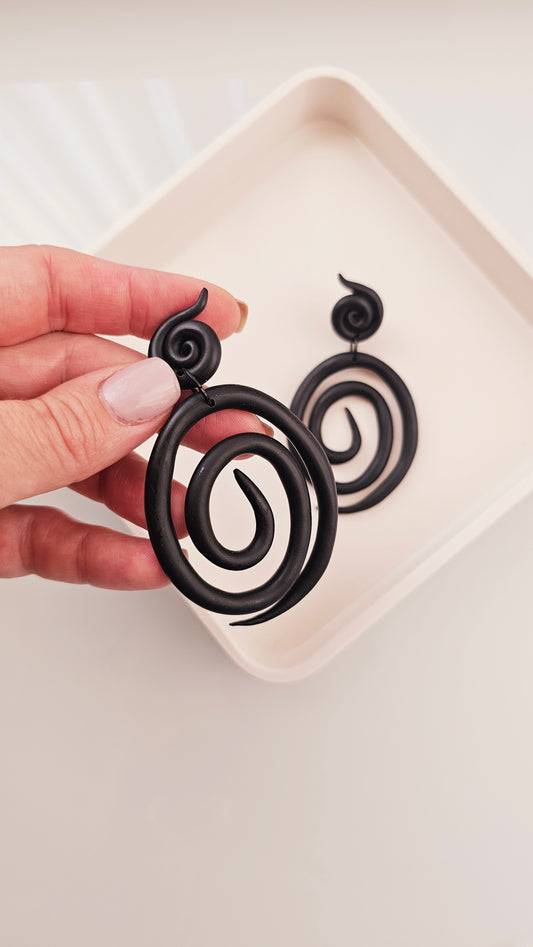 Black Spiral Polymer Clay Statement Earrings - Handmade Lightweight Dangle Earrings