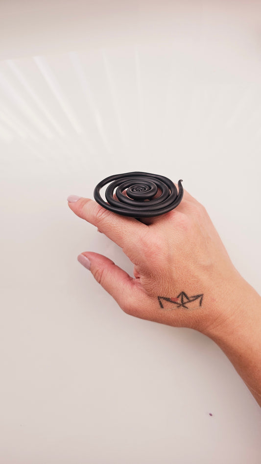 Black Spiral Polymer Clay Statement Ring - Handmade Lightweight Ring