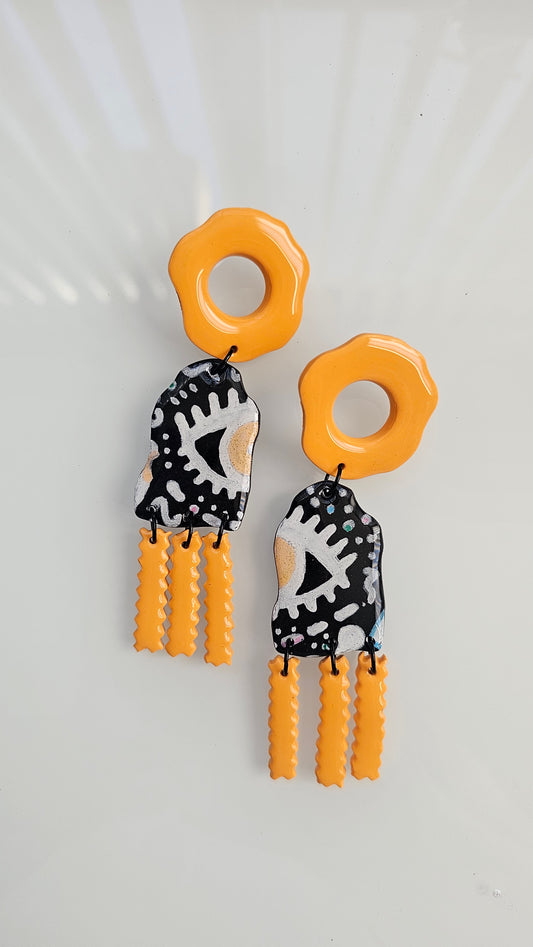 Hand Painted Polymer Clay Earrings - Eye Doodle Chandelier Earrings