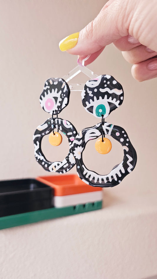 Hand Painted Eye Doodle Hoop Earrings - Black & White Statement Earrings