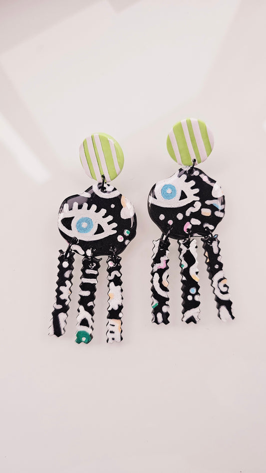 Hand-Painted Eye Doodle Earrings - Black & White Fringe Statement Earrings